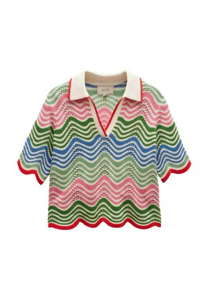 Strick-Poloshirt mit kurzen Ärmeln und wellenförmigen Streifen in Grün, Pink, Blau und Creme, mit roter Einfassung am Kragen, an den Ärmeln und am Saum.