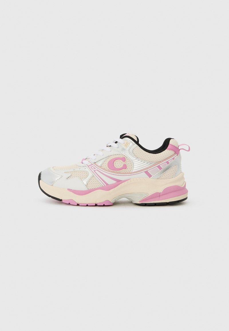 White and pink athletic sneaker featuring a mesh upper, silver accents, black heel, and textured sole. Includes laces and a logo detail.