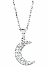 Collana d'argento con pendente a forma di luna crescente, decorata con piccoli cristalli trasparenti rotondi, che presenta una finitura lucida e un design della catena collegata.