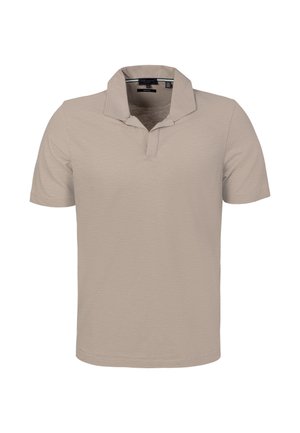 Polo beige a maniche corte con colletto e pattina corta, mostrata su sfondo bianco.