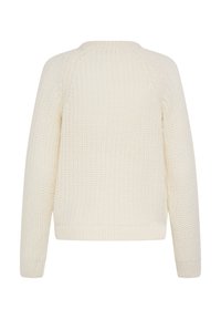 Strickpullover in Creme mit strukturiertem Muster, rundem Halsausschnitt und gerippten Bündchen und Saum. Legere Passform mit einer sauberen, glatten Rückseite.