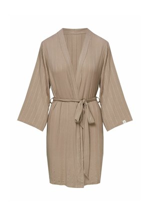 Beżowy, prążkowany szlafrok kimono o kroju kopertowym, z paskiem do wiązania i szerokimi rękawami. Wykonany z fakturowanej tkaniny, charakteryzującej się subtelnym połyskiem.