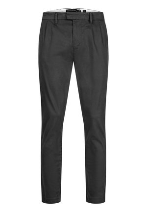 Schwarze Slim-Fit-Herrenhose mit Gürtelschlaufen, flacher Vorderseite und Reißverschluss.