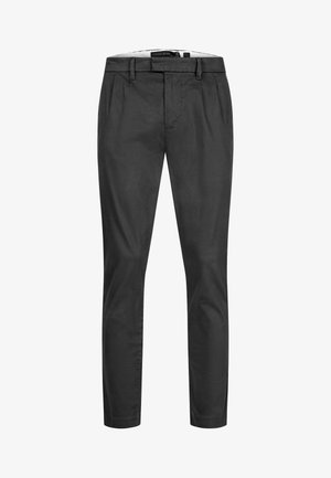 Schwarze Slim-Fit-Herrenhose mit Gürtelschlaufen, flacher Vorderseite und Reißverschluss.