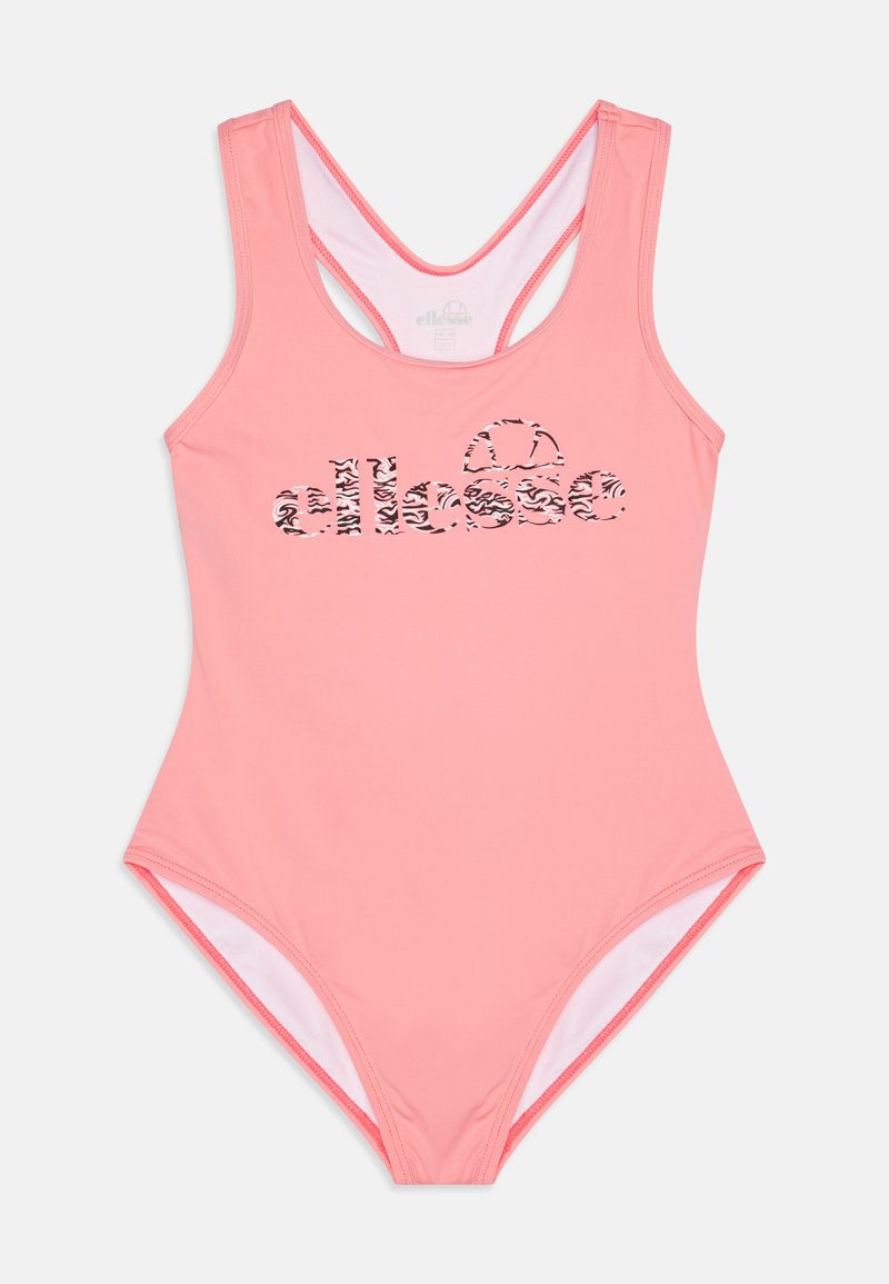 Maillot de bain une pièce rose avec un design sportif. Il présente un logo en imprimé léopard et un dos nageur. Fabriqué en tissu lisse et extensible.