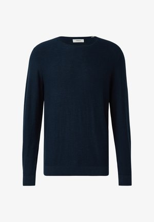 Maglione a maniche lunghe blu navy lavorato a maglia con scollo rotondo, caratterizzato da una texture morbida e polsini e orlo a coste.