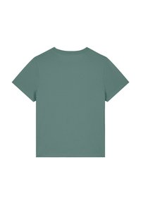 T-shirt à manches courtes de couleur vert doux, fabriqué en coton doux. Design simple avec un col rond, sans motifs ni accents, texture lisse.