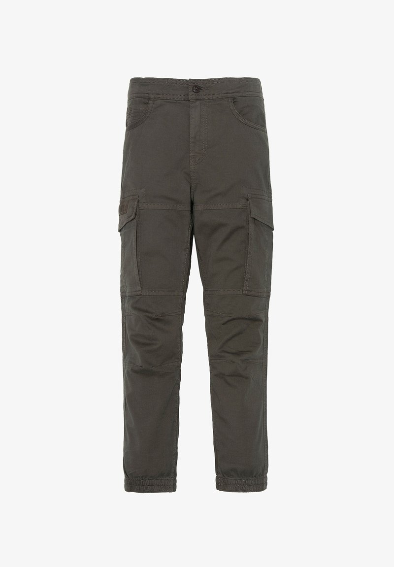 Pantalons cargo vert foncé avec une coupe décontractée, dotés de poches latérales, de passants de ceinture, d'une fermeture à bouton et de poignets élastiques aux chevilles.