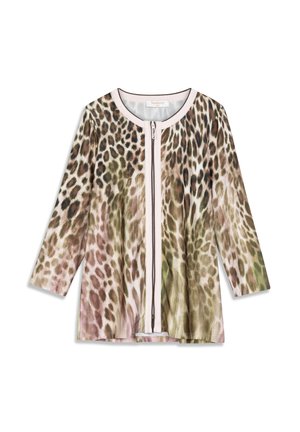Blouse à manches longues avec fermeture éclair et imprimé léopard en verts, bruns et roses. Dotée d'un col rond et d'une texture de tissu douce.