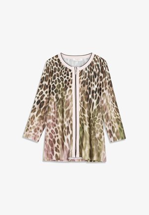 Blouse à manches longues avec fermeture éclair et imprimé léopard en verts, bruns et roses. Dotée d'un col rond et d'une texture de tissu douce.