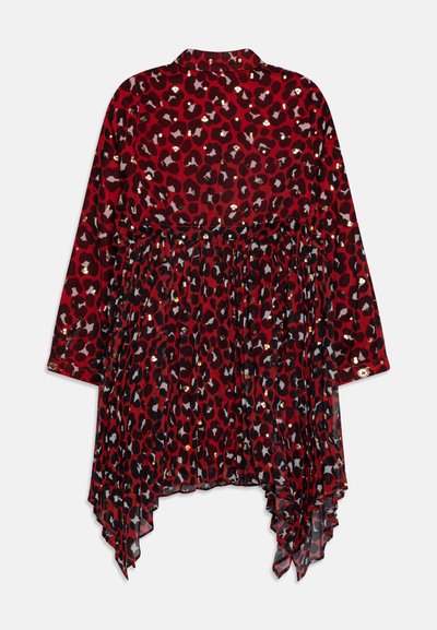 Red leopard print long-sleeve dress with gold sequin accents, pleated skirt, pointed handkerchief hem, and buttoned cuffs.