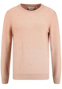 Pull en tricot rose avec un col rond, des manches longues et des détails en relief sur le devant. Ourlet et poignets côtelés.