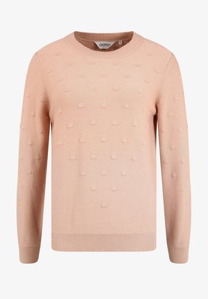 Lyserød strikket sweater med rund hals, lange ærmer og tekstureret boble-detaljering på forsiden. Ribbet kant og håndled.