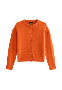 Pomarańczowy kardigan wykonany z miękkiej tkaniny, z okrągłym dekoltem, zapinany na guziki z przodu, zakończony ściągaczami na rękawach. Posiada sześć pasujących guzików.