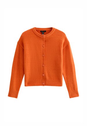 Cárdigan naranja hecho de tela suave con cuello redondo, botones en la parte delantera y puños acanalados. Cuenta con seis botones a juego.