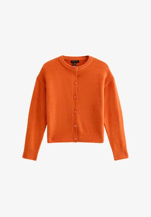 Oranje vest van zachte stof met een ronde halslijn, knoopsluiting aan de voorkant en geribbelde manchetten. Voorzien van zes bijpassende knopen.