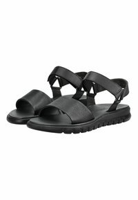 Schwarze Ledersandalen mit zwei Riemen, einem über den Zehen und einem um den Knöchel, sowie dicken Gummisohlen mit strukturiertem Griff.