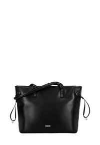 Zwarte nepleer tote bag met dubbele handgrepen, goudkleurige hardware en een verstelbare schouderriem. Eenvoudig ontwerp met een gladde textuur.