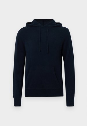 Granatowy hoodie wykonany z miękkiej dzianiny, z przednią kieszenią na kieszeń, kapturem ze sznurkiem i ściągaczami na mankietach. Prosty design bez widocznych wzorów.