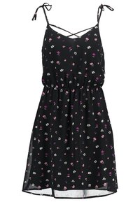 Robe noire avec un motif floral en rose, blanc et violet. Bretelles réglables, taille cintrée et jupe fluide.