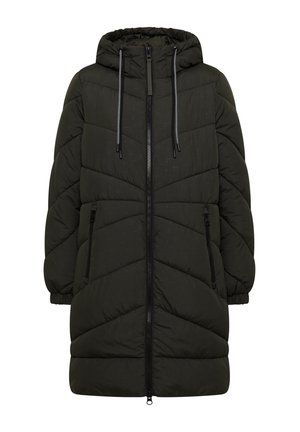 Dunkelgrüne gepolsterte Jacke mit Kapuze, ausgestattet mit einem Frontreißverschluss, elastischen Bündchen und zwei Seiten pockets im Zickzack-Steppdesign.