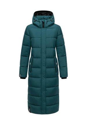 Lange teal geklede winterjas met capuchon, volledige ritssluiting aan de voorkant, zijzakken en verstelbare koordjes in de capuchon.