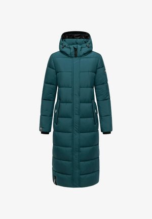 Lange teal geklede winterjas met capuchon, volledige ritssluiting aan de voorkant, zijzakken en verstelbare koordjes in de capuchon.