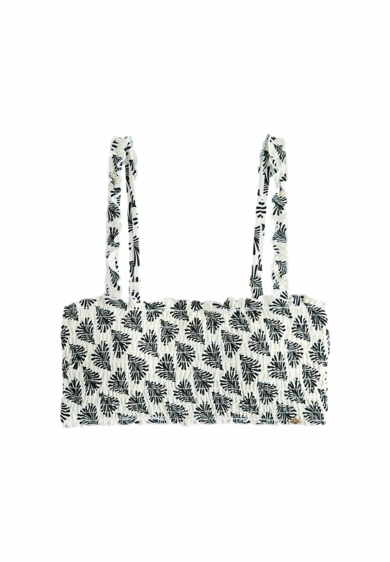 Schwarzer und weißer, gekürzter Bikini-Oberteil mit Blättermuster, elastischem Stoff, verstellbaren Bändern und Smocksstruktur im Oberteil.