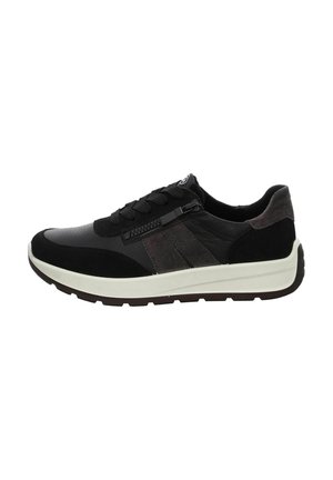 Black athletic shoes with a mix of leather and suede, featuring a zip closure, textured accents, and a white rubber sole.