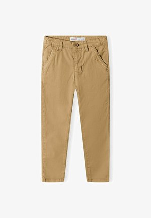 Pantalon en coton beige avec une coupe droite, doté de passants de ceinture, de deux poches avant et d'une fermeture à bouton. Texture lisse avec un minimum de détails.