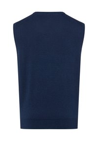 Marineblauer ärmelloser Pullover aus glattem Strickmaterial. Mit rundem Ausschnitt und geripptem Saum am unteren Rand, minimalistische Designdetails.