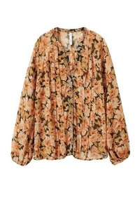 Blouse fleurie en tissu transparent et léger avec un mélange de fleurs orange et crème sur un fond sombre, manches longues bouffantes.