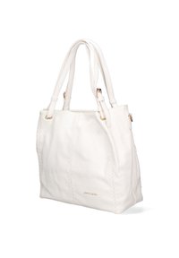 Sac fourre-tout en cuir blanc avec deux anses supérieures, texture lisse et détails de couture. Présente un logo discret en doré au bas.