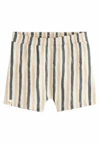 Short pour tout-petit avec des rayures verticales beige, noire et blanche et une ceinture élastique.