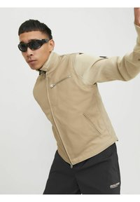 Beige mouwloze jas met een hoge kraag, rits aan de voorkant en gestructureerde beige mouwen. Gekenmerkt met zwarte broek en een paar donkere zonnebrillen.