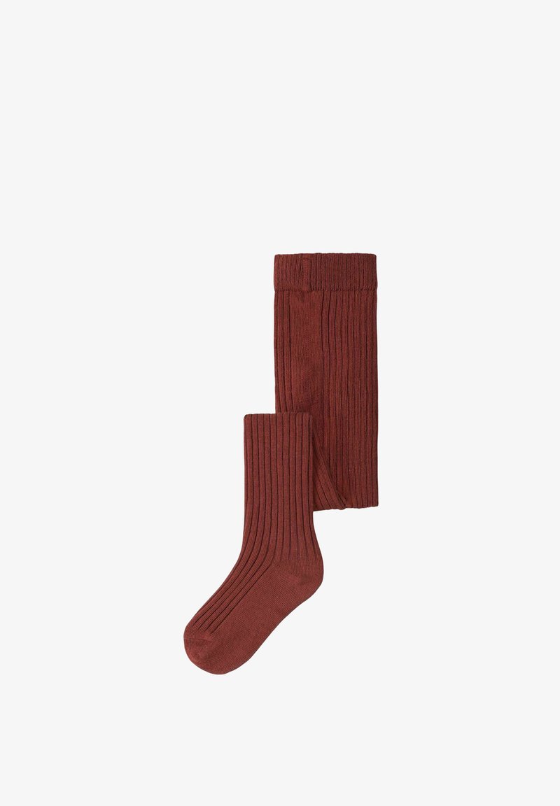 Chaussette marron à côtes simple posée à plat sur fond blanc montrant la longueur complète et la forme du pied.