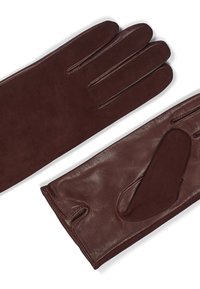 Brune læderhandsker med en blød suede-finish. Funktioner inkluderer fire fingre, et stilfuldt snit og en kontrastfarvet inderfor.