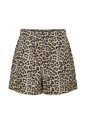 Leopard print shorts featuring a beige background with black spots, an elastic waistband, and cuffed hems. Made from lightweight fabric.