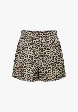 Shorts med leopardmønster, der har en beige baggrund med sorte pletter, en elastisk talje og manchetter. Fremstillet i letvægtsstof.