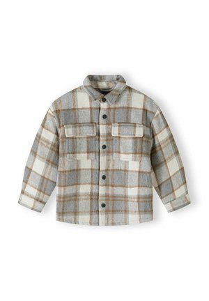 Veste-chemise à manches longues avec motif à carreaux gris, blanc et marron et deux poches poitrine à rabats.