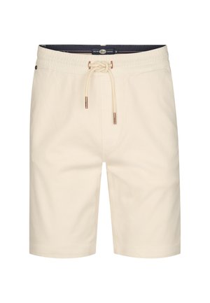 Pantalones cortos beige con cintura elástica, cordón decorativo y herrajes de color cobre. Tejido suave, diseño hasta la rodilla.