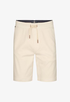 Pantalones cortos beige con cintura elástica, cordón decorativo y herrajes de color cobre. Tejido suave, diseño hasta la rodilla.