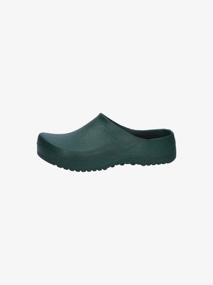 Dark green clogs made from rubber, featuring a textured upper, round toe, and a cushioned sole with a patterned tread for grip.
