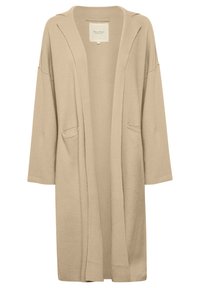Beige cardigan van zachte stof, met een open voorkant, brede mouwen, twee voorzakken en een ontspannen pasvorm.