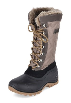 Tall winter boot with fur lining, brown fabric upper, black waterproof lower, and beige rubber sole with laces for secure fit.
