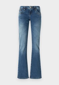 Jean flare en denim bleu avec une taille mi-haute, cinq poches, surpiqûres contrastées et une texture légèrement délavée. Fermeture par bouton et zip.