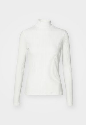 White ribbed turtleneck top with long sleeves, made of stretchy fabric. Features a fitted design and high neckline for coverage.