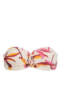 Top bikini bandeau con base crema e motivi a foglie multicolori in rosa, arancione e bordeaux. Presenta lacci regolabili al centro.