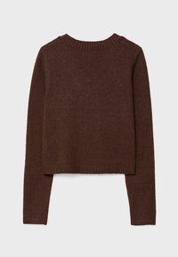 Pull marron en tricot à manches longues avec encolure ronde, poignets et ourlet côtelés, présenté à plat sur un fond clair.