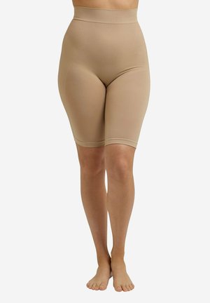 High-waisted, ribbed shaping shorts in a tan color, featuring a smooth fabric texture and knee-length cut. No visible hardware or patterns.